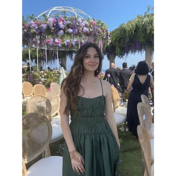 Jonathan Simkhai Stefanie Taffeta Pleated Emerald Gown 2 - Picture 3 of 11